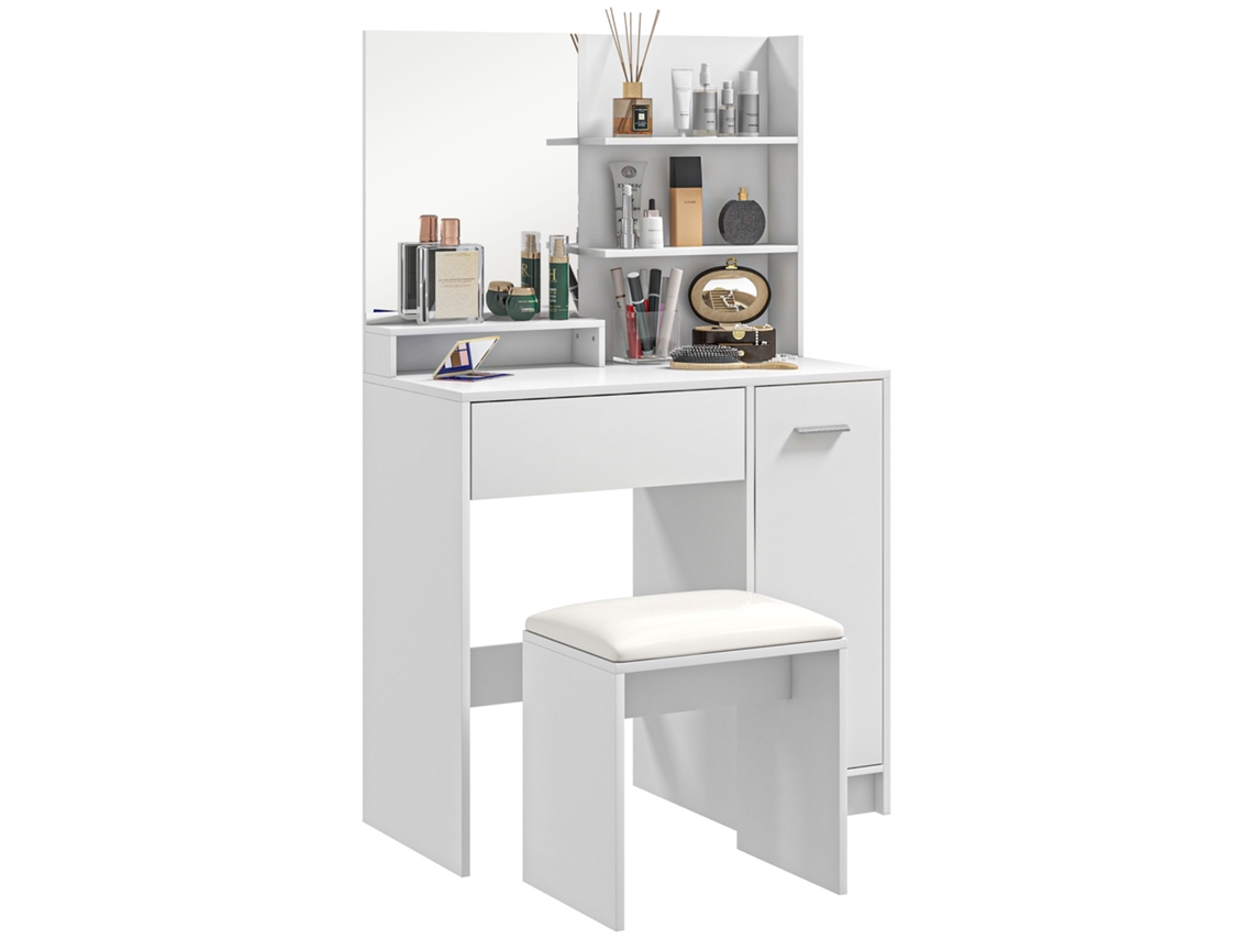 Tocador Con Espejo, Cajón Y Estantes, Blanco Y Beige.