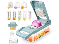 Cortador de verduras multifuncional 12 en 1, equipado con 7 cuchillas de acero inoxidable y caja de almacenamiento.