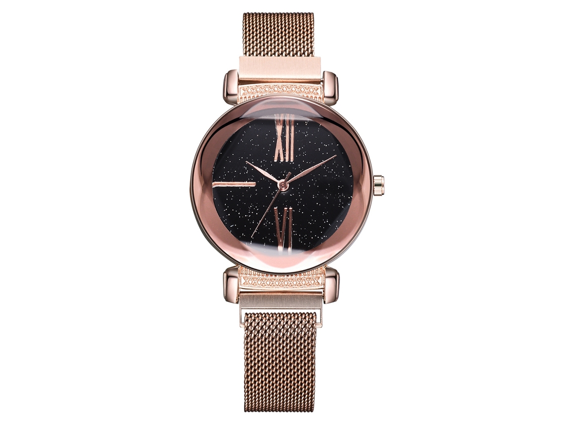 Reloj De Cuarzo Con Correa De Malla, Esfera Con Cielo Estrellado, Reloj De Pulsera De Oro Rosa.