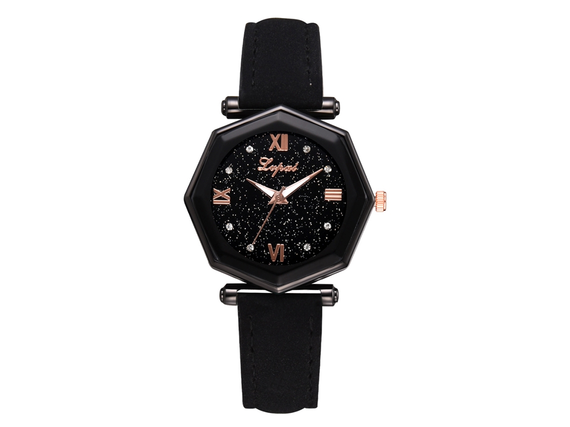 Reloj De Pulsera De Cuarzo Para Mujer Con Correa De Piel Sintética Y Diamantes De Imitación Negros.