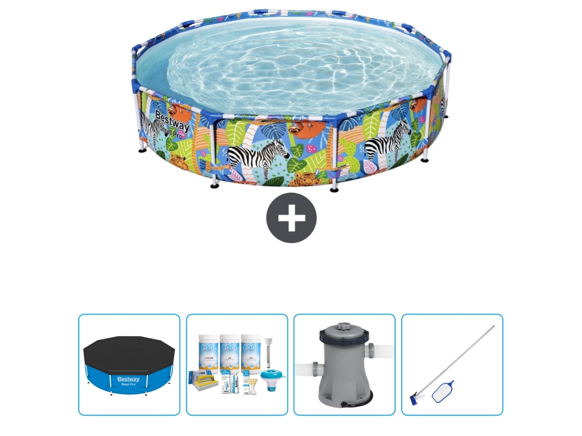 Piscina BESTWAY Round Steel Pro - 305 x 66 cm - Estampado Selva - Incluida Cubrir - Paquete de mantenimiento - Bomba - kit de limpieza