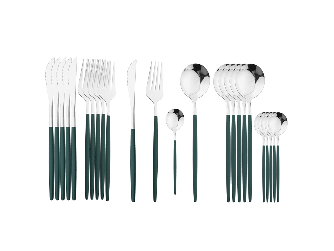Juego de cubiertos de acero inoxidable de 24 piezas, que incluye cuchillo, cuchara y tenedor. MDUG (verde y plateado)