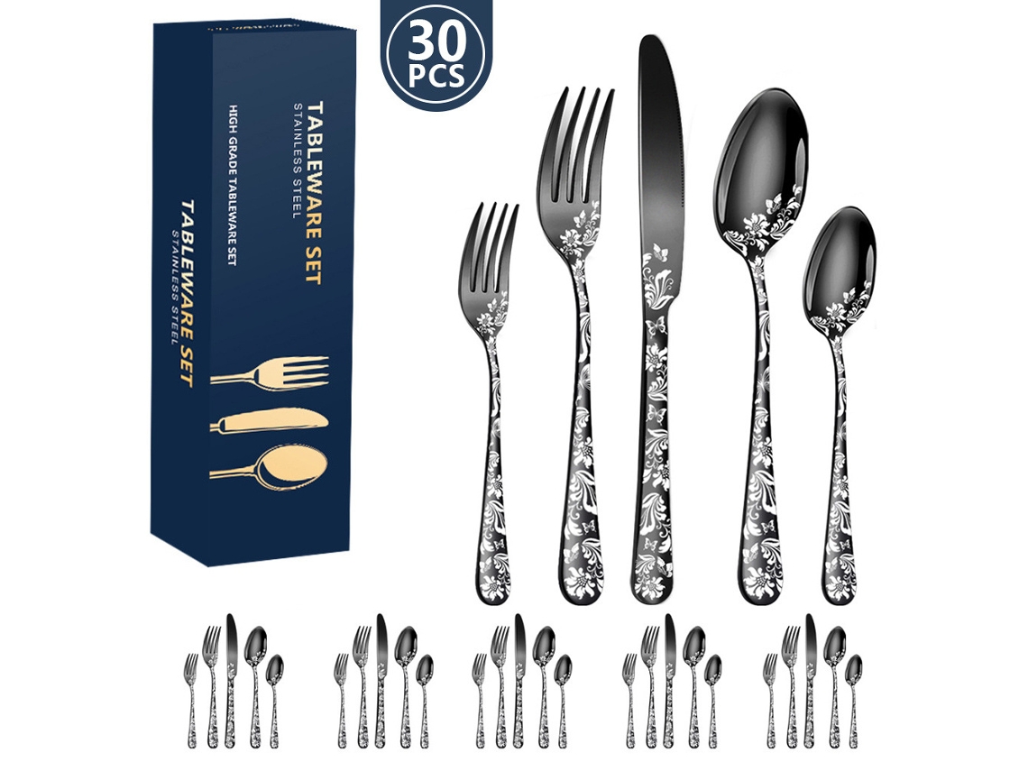 Juego de cubiertos de acero inoxidable, 30 piezas, utensilios de cocina para 6 personas, color negro.