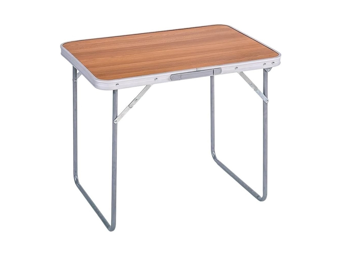 Mesa de camping plegable de aluminio con tablero MDF de 80 x 60 x 70 cm para picnic, camping, vacaciones, playa y Coshano (marrón)