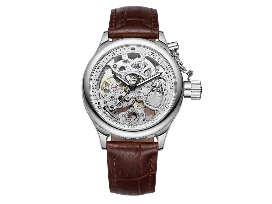 Reloj Mecánico Automático De Moda Para Hombre Con Correa De Piel Sintética Marrón Plateada.