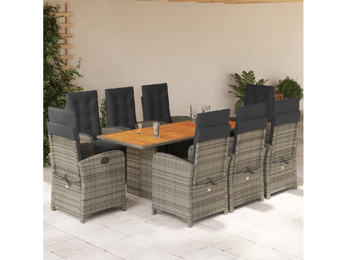 Conjunto de comedor de jardín DKD Home Decor de 9 piezas con cojines, ratán gris