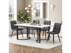 Conjunto Comedor 5 Piezas 140x80 Cm - Mesa Con 4 Sillas, Patas Metálicas Negras, Tablero Mdf Blanco, Sillas Lino Gris Oscuro
