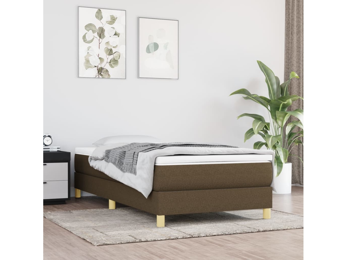 Cama Box Spring Con Colchón Tela Marrón Oscuro 90x200 Cm
