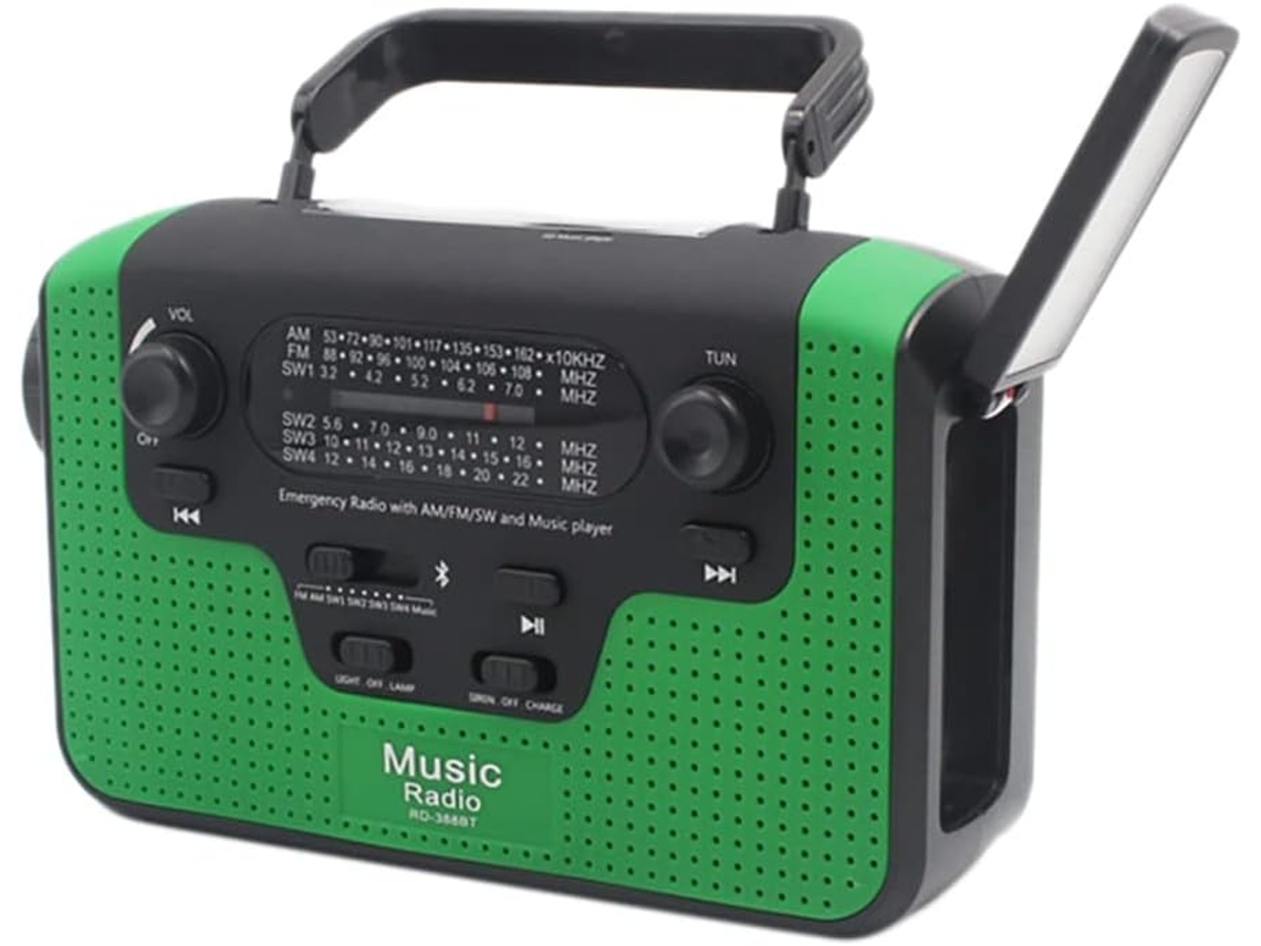 Radio Solar Multifuncional Con Manivela Y Linterna Led Verde De Emergencia.