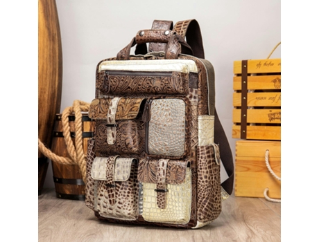 Mochila Mochila para computadora portátil de Cuero Genuino para Hombres Mochila de Viaje con múltiples Bolsillos Mochila de Negocios-Retro