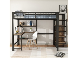 Cama Alta De Metal Negro (140x200 Cm) Con Escalera De Almacenamiento, Múltiples Estantes, Armario Y Escritorio, Sin Colchón.