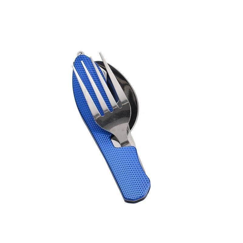 (azul) Juego De Vajilla Plegable De Acero Inoxidable 4 En 1 Para Camping, Juego De Vajilla De Bolsillo