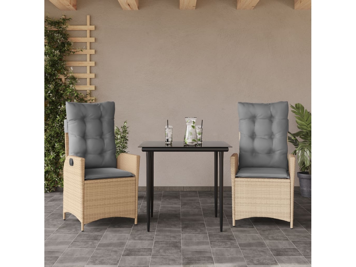 Juego de comedor de jardín de 3 piezas con cojines, mimbre sintético beige, Dkd Home Decor