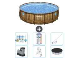 Piscina BESTWAY Round Power Steel Swim Vista - Impresión en madera - 488 x 122 - Incluye bomba - Escalera - Cubierta Accesorios CB32
