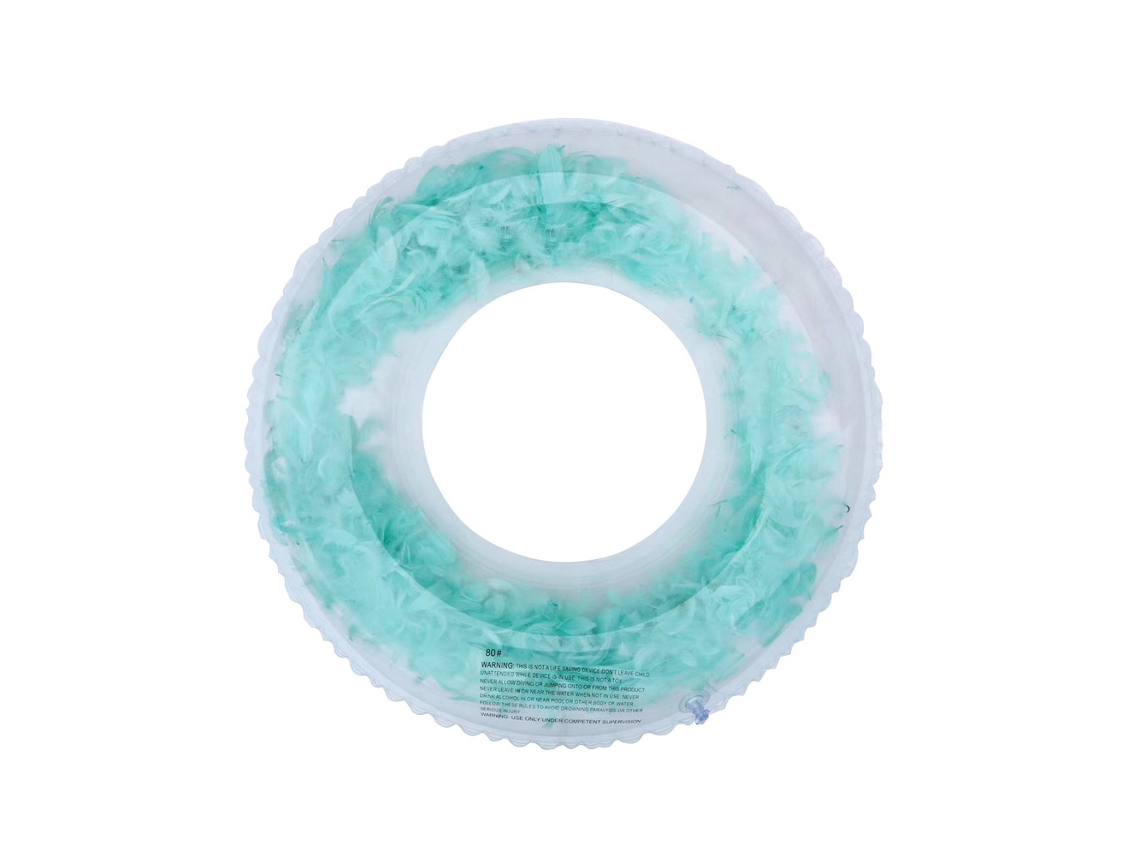 Flotador inflable transparente con lentejuelas y plumas, reforzado para piscina.