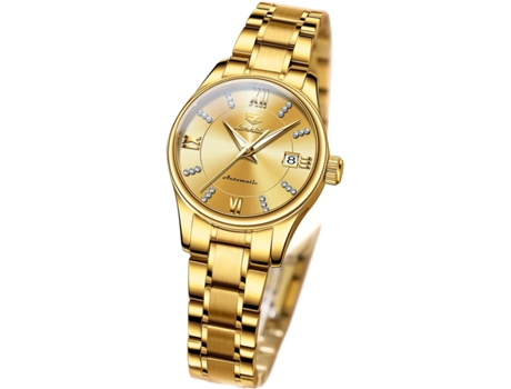 VEANXIN Reloj luminoso impermeable con fase lunar Tourbillon de diamantes automático para mujer(oro)