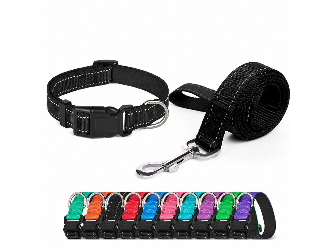 Conjunto Collar + Correa Negro S Reflectante, Regulable, Anti-nudos, Ligero, Resistente, Ideal Para Paseos Diarios