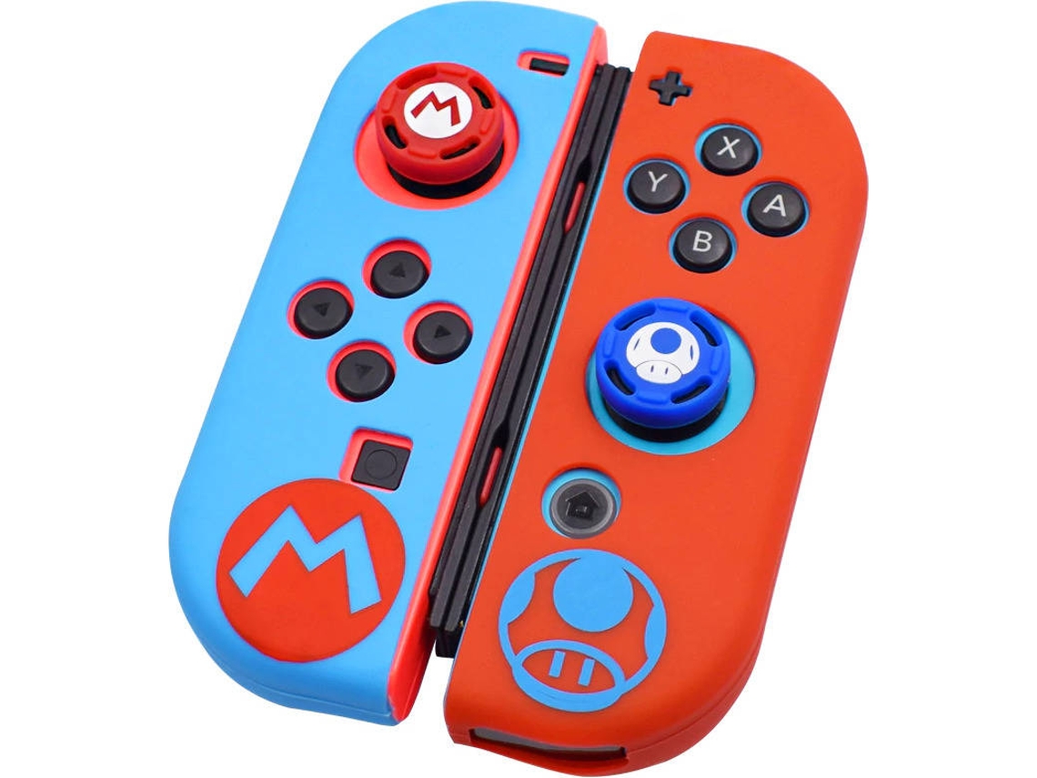 Kit 2 Fundas joycon + 2 Grips PHONESHIELD Hss-Rd&Bu-Sw (Mario Mushroom - Nintendo Switch)