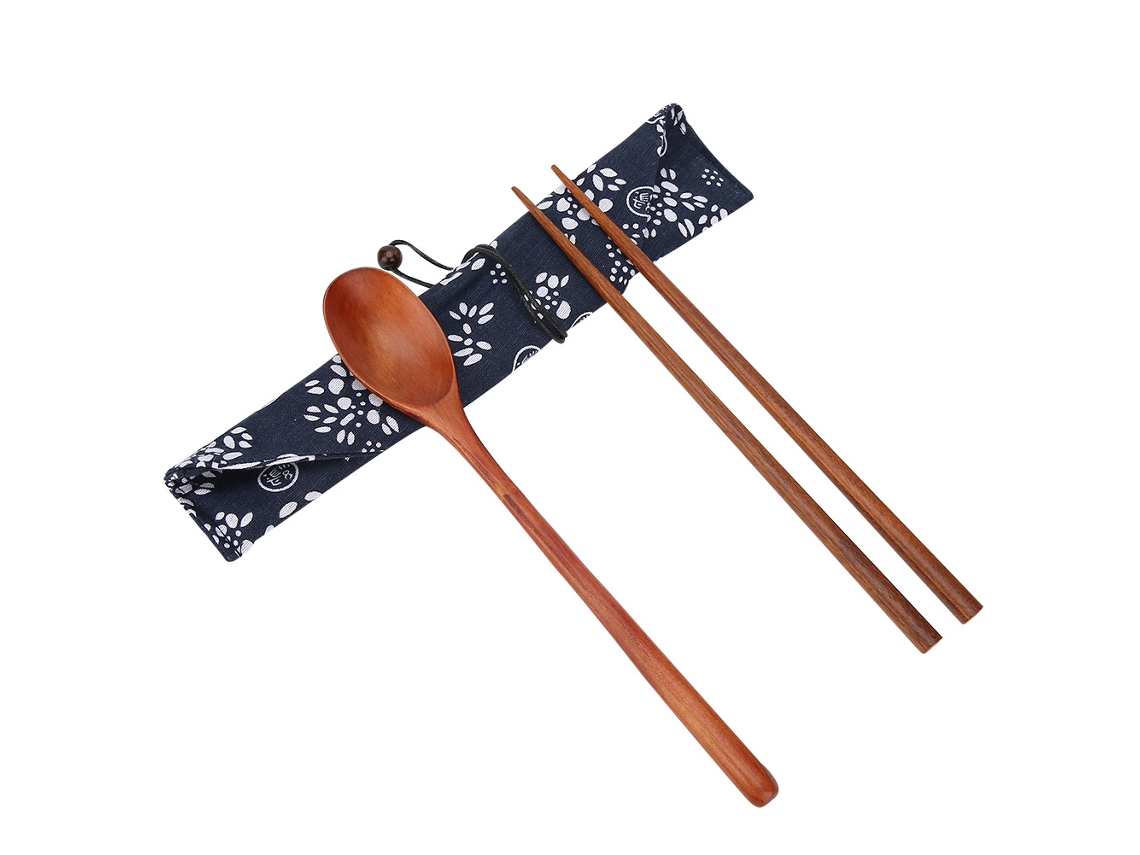 Juego De Cubiertos De Madera Portátiles Con Palillos Y Cuchara Para Viajes Y Uso En La Oficina.