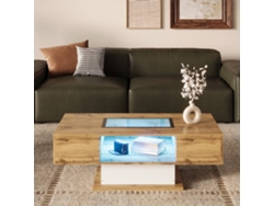 Mesa De Centro - Con Led De Cambio De Color, Con Vidrio, Mesa Auxiliar Con Dos Cajones - Natural