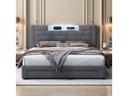Cama Con Almacenaje 160x200 Cm - 3 En 1: Cama De Matrimonio Con Cajones, Luz Rgb Y Puertos Usb/type-c - Cabecero De Terciopelo Gris Moderna