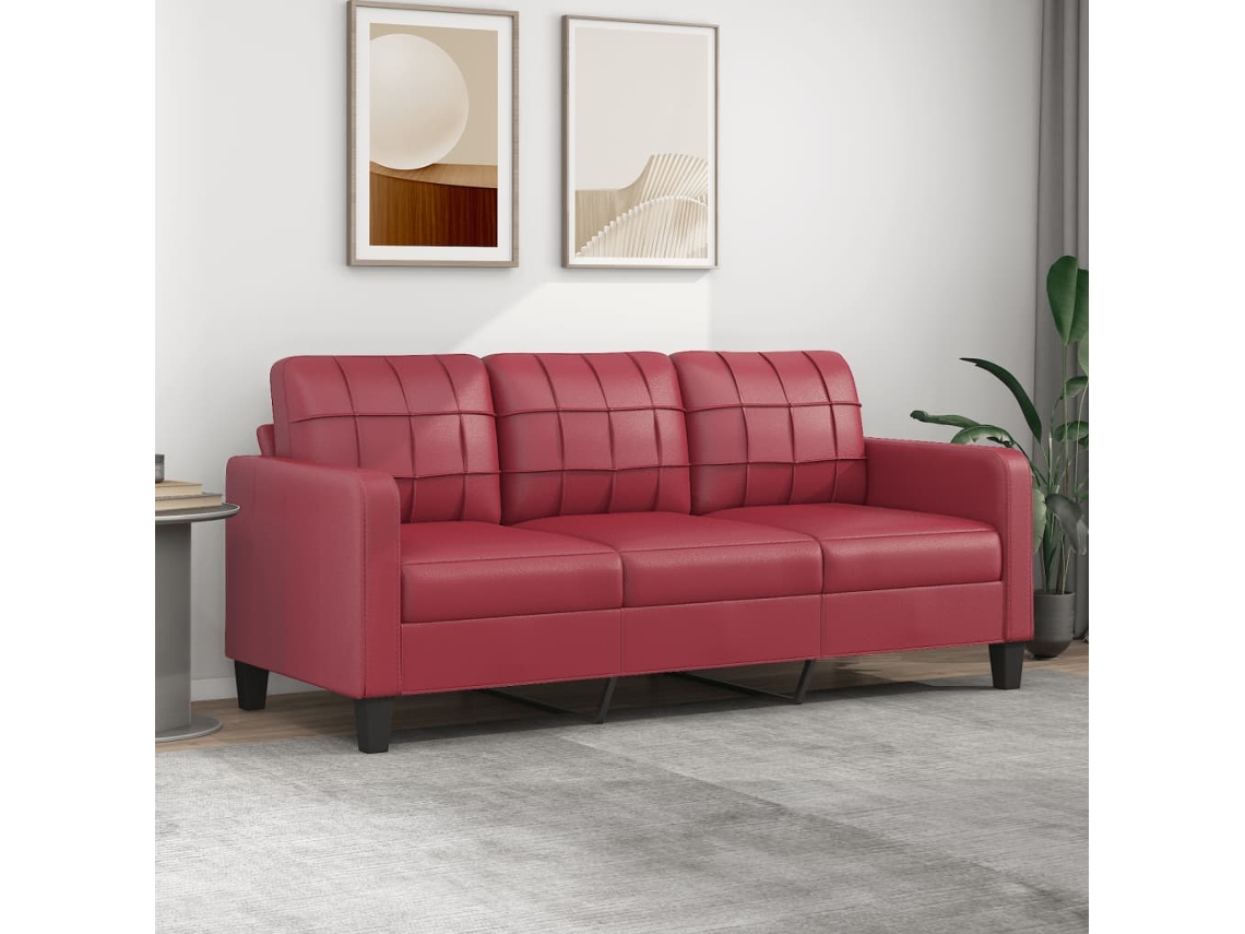 Sofá De 3 Plazas De Cuero Sintético Rojo Vino 180 Cm