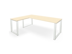 Escritorio esquinero con cajones a la izquierda. Estructura metálica cerrada, color blanco. 75 x 160 x 160 cm. Madera de arce. Ofilike.