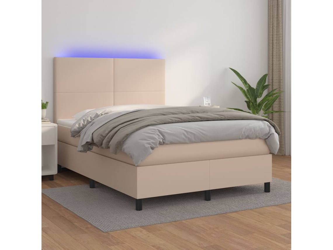Cama Box Spring Colchón Led Cuero Sintético Capuchino 140x200cm