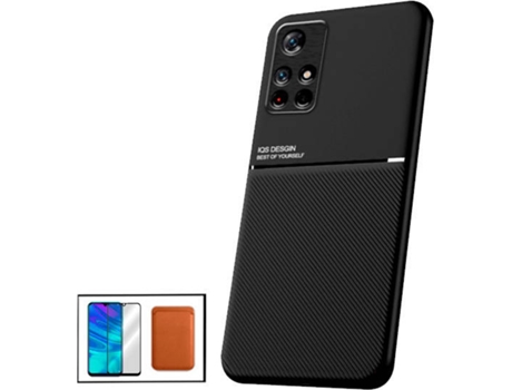 Kit Funda Magnetic Lux, Magnetic Wallet Marrón y 5D Full Cover Xiaomi Poco M4 Pro 5G PHONECARE Negro
