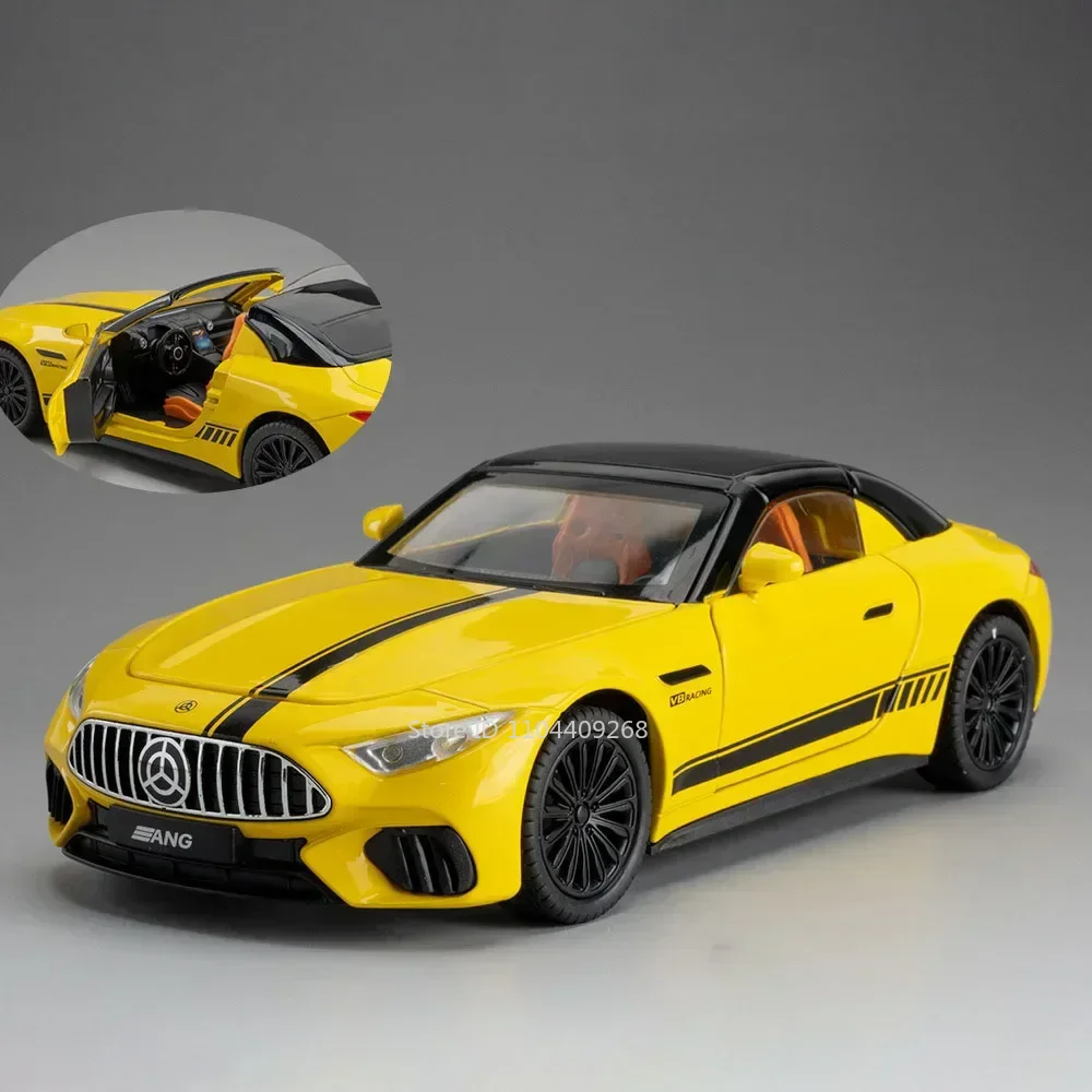 (sl63 Amarillo) Coche miniatura de metal fundido a presión a escala 1:22 con puertas que se abren, luces y música.