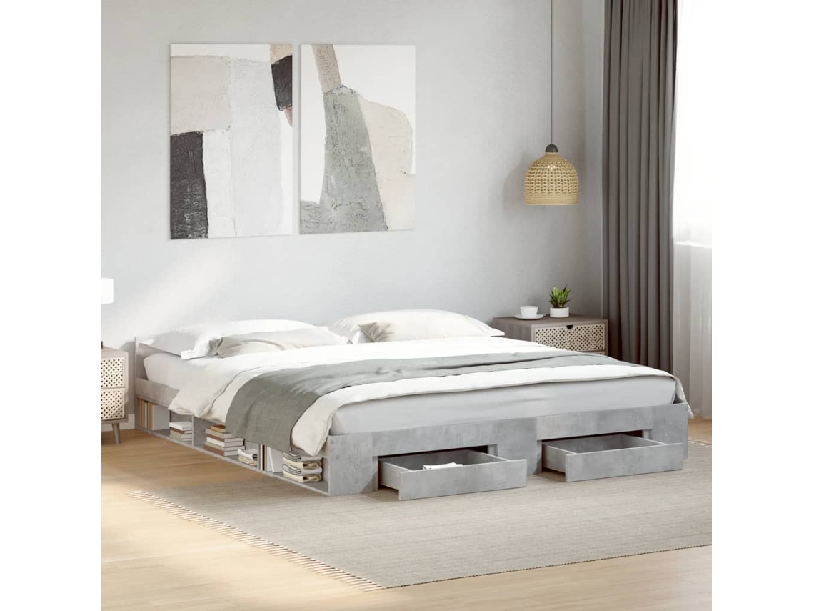 Cama Con Cajones Madera Ingeniería Gris Hormigón 200x200 Cm