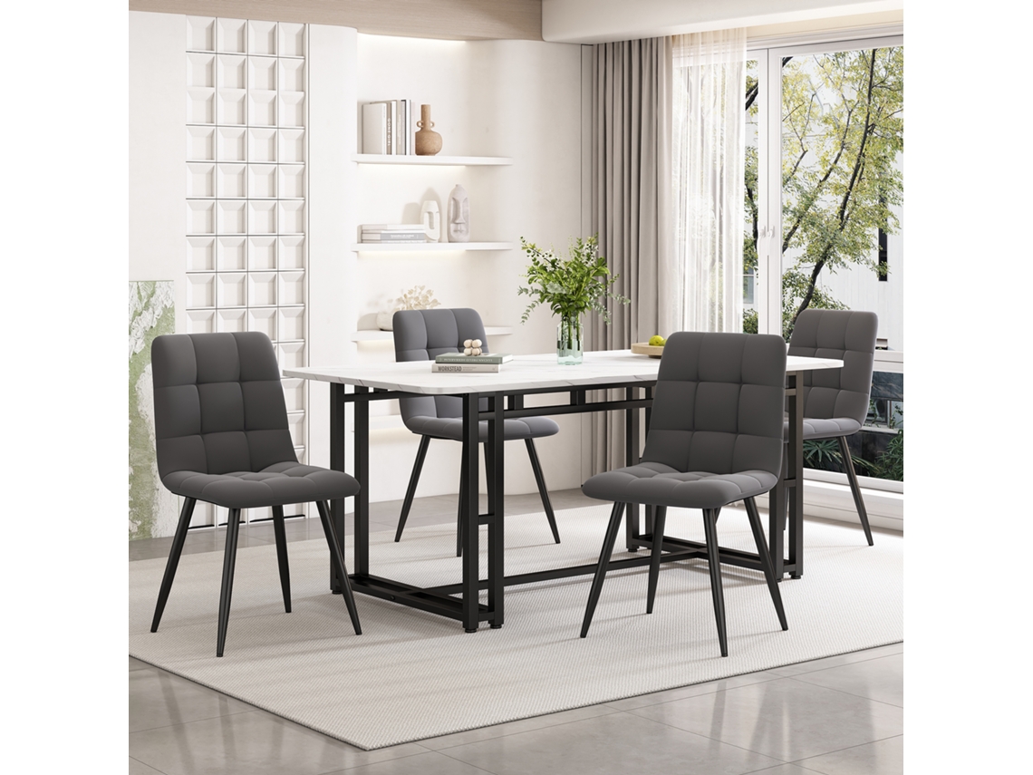 Mesa De Comedor - Tapa Efecto Mármol - Patas De Metal Negro - 140x80cm - Blanco Y Negro