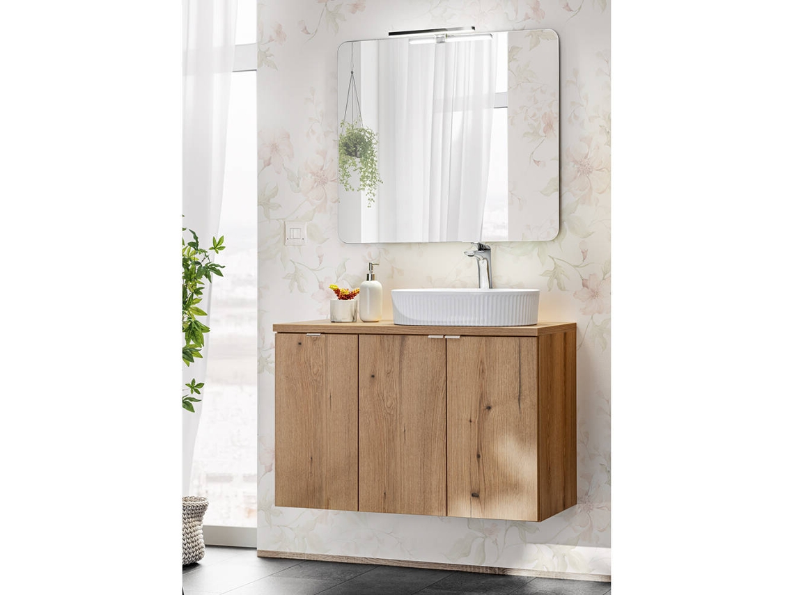 Mueble de baño Newport con lavabo y espejo 90x57x39 cm - Efecto roble [EN.CASA]