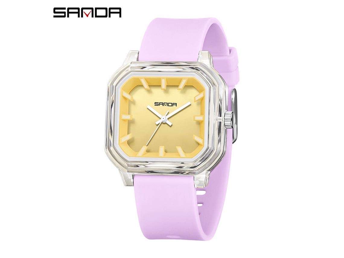 Reloj De Cuarzo Cuadrado (transparente Morado-amarillo), Sencillo Con Marcadores 3d, Versátil Para Estudiantes, Resistente Al Agua.