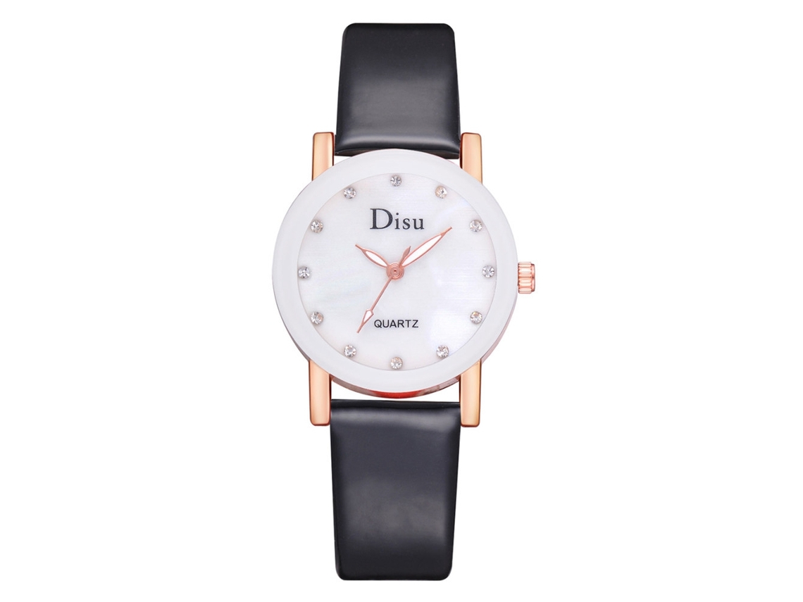 Reloj De Pulsera De Cuarzo Informal Con Diamantes De Imitación, Correa Sencilla Redonda De Cuero Sintético Negro, Disu