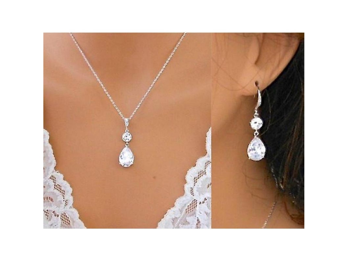 Juego De Arete Y Collar De Plata 925 Cristal Blanco Para Bodas Novia Moda Lujo