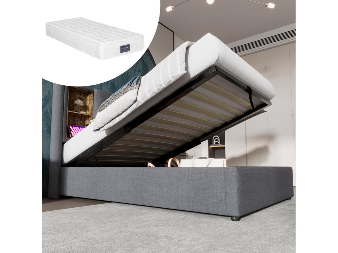 Cama Individual De 90x200 Cm Con Base De Listones De Madera Y Usb-c, Con Colchón.