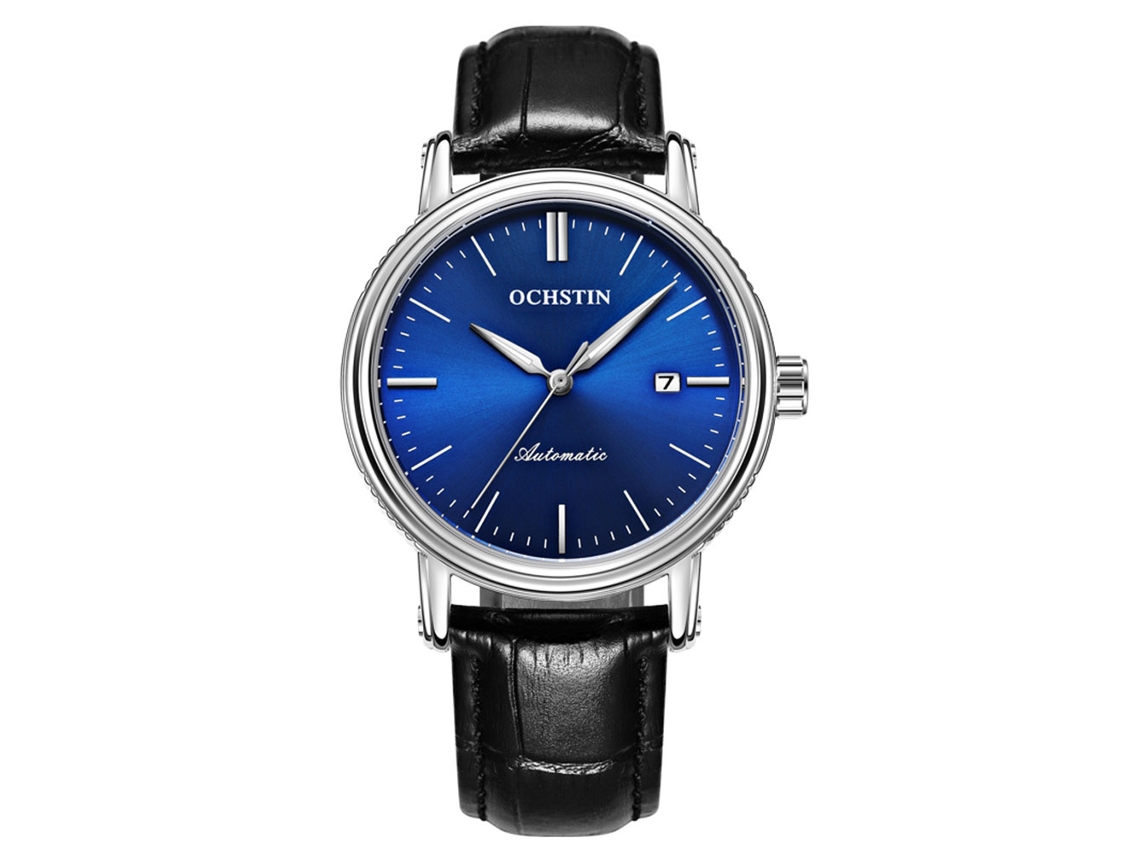 Reloj De Pulsera Mecánico Automático Para Hombre Ochstin Con Caja De Cuero Genuino, Azul Y Plateado.
