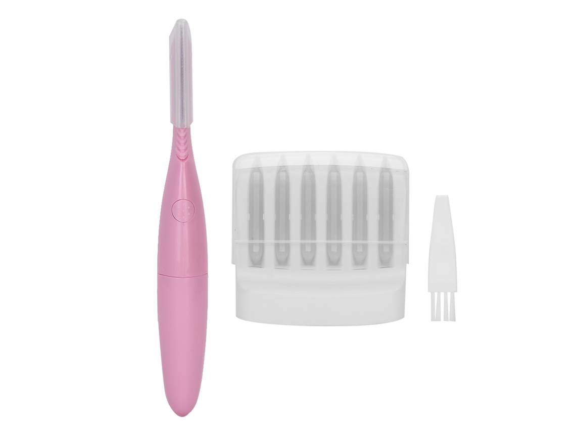 Recortadora eléctrica de cejas con cuchillas de acero inoxidable rosa.