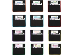 Juego de 12 cajas organizadoras para sillas con etiqueta de identificación y libros.