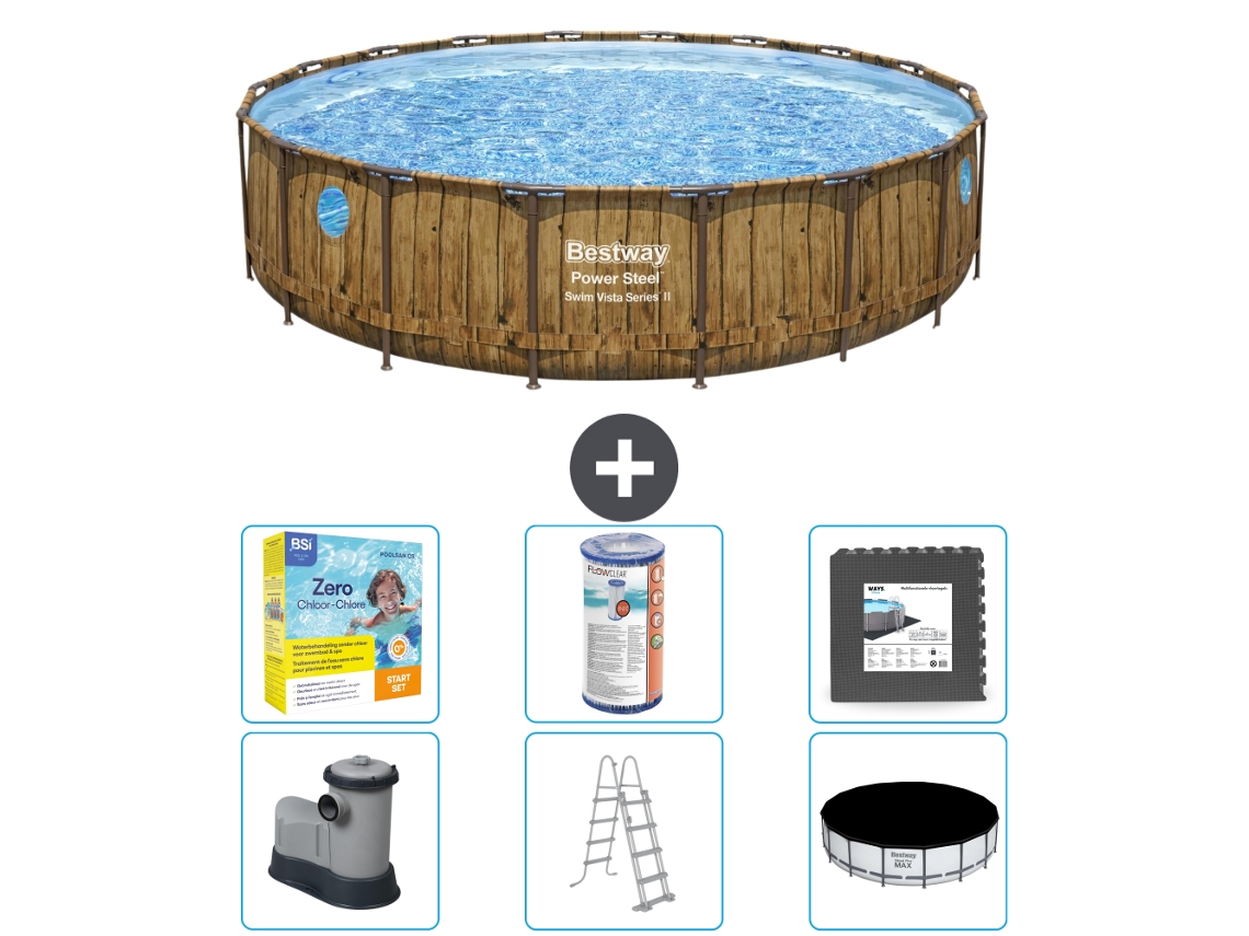 Piscina BESTWAY Round Power Steel Swim Vista - Impresión en madera - 549 x 122 - Incluye bomba - Escalera - Cubierta Accesorios CB35