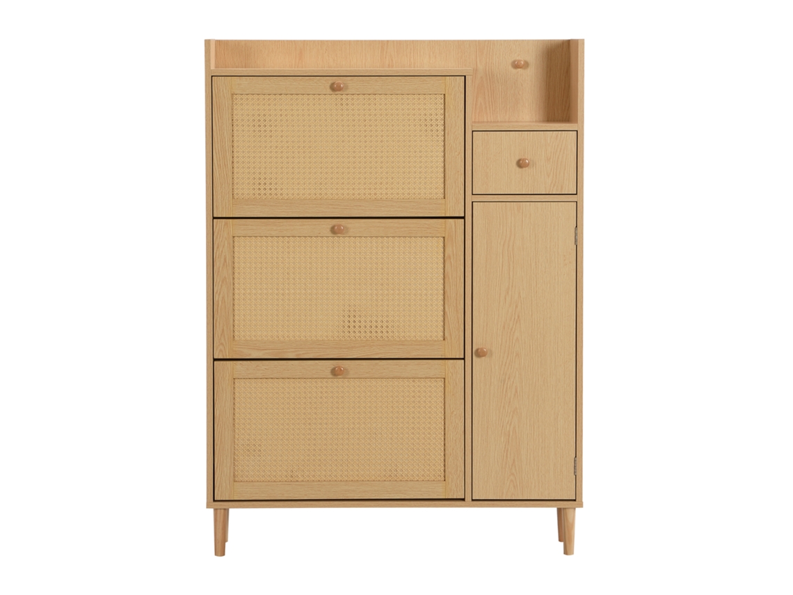 Zapatero de Madera y Ratán con 3 Puertas con Bisagras y 1 Cajón Estante Ajustable Natural Mobrio