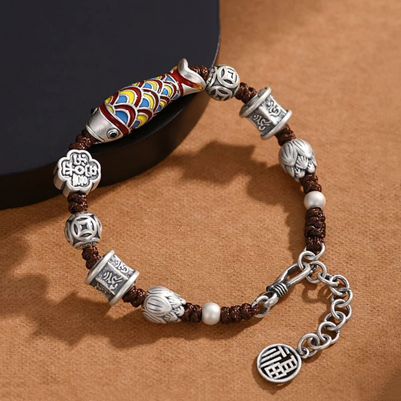 Pulsera Colgante De Pez Koi Esmaltada Vintage, Relojes De Pareja De Estilo Étnico Tejidos A Mano