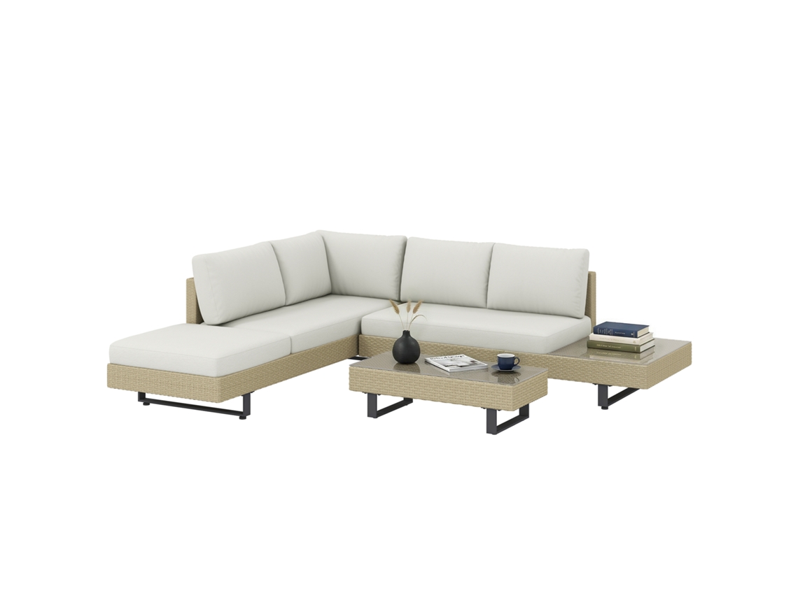 Conjunto Modular De Ratán De 3 Piezas: Sofá Y Mesa De Centro.