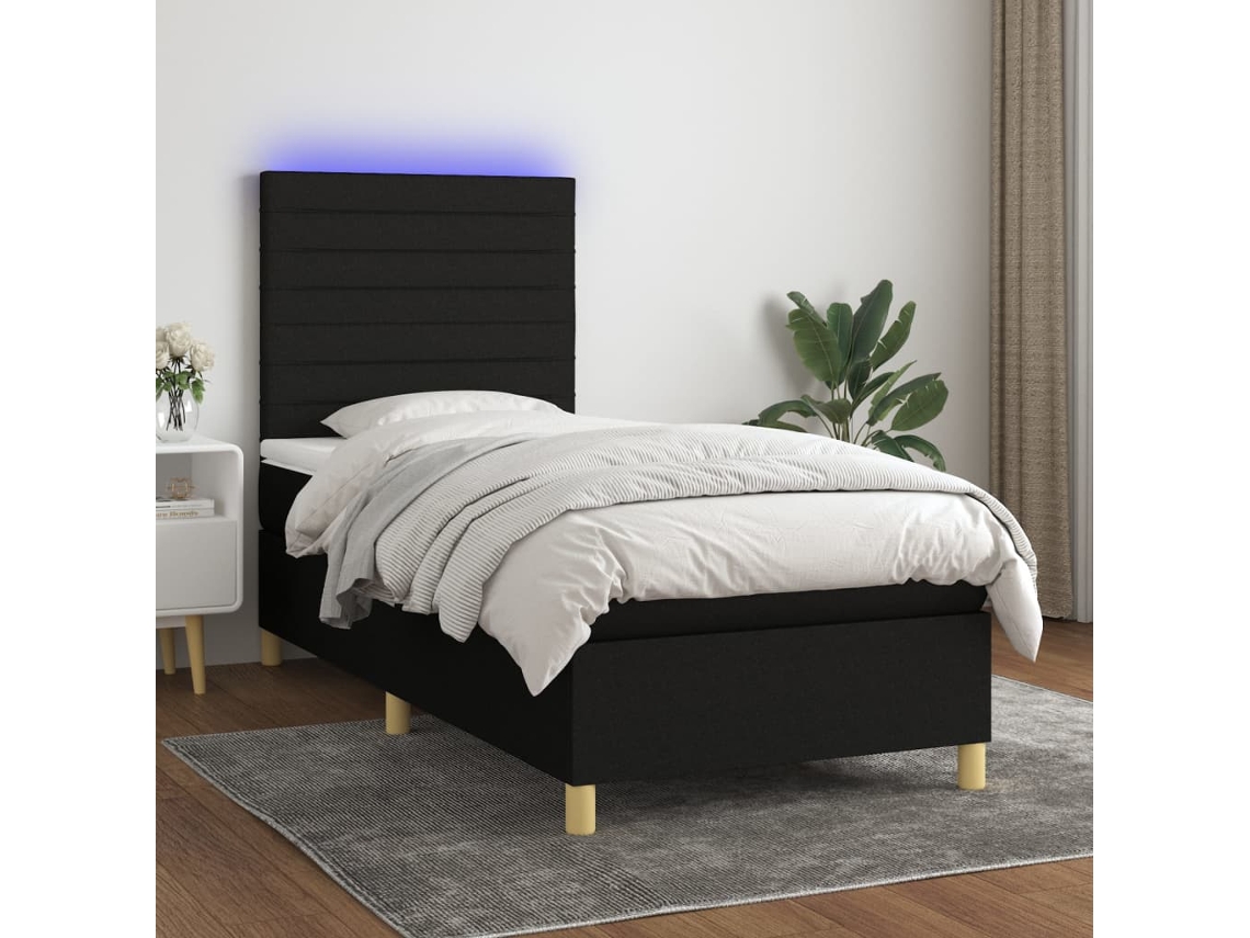 Cama Box Spring Colchón Y Luces Led Tela Negro 90x190 Cm