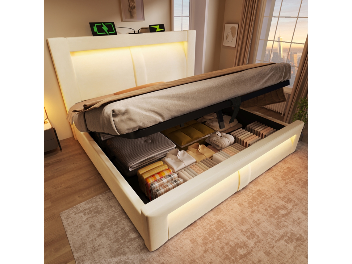 Cama De Terciopelo Beige De 160x200 Cm, Aplicación Led, Usb C, Cabecero Curvo, Almacenamiento Hidráulico.