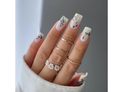 Uñas Postizas Doradas Y Azules Con Lámina, Diseño De Lámina Dorada, Uñas Acrílicas Con Purpurina, Pegatinas De Primavera