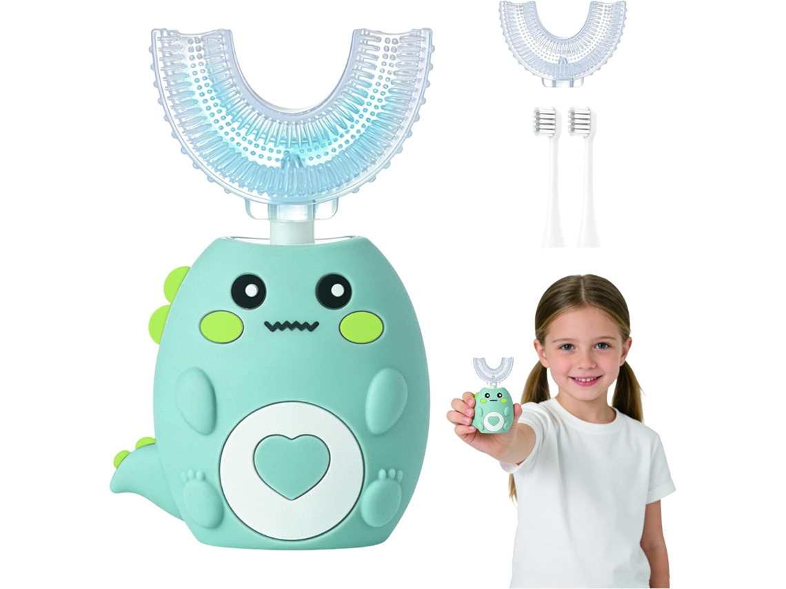 Cepillo de dientes eléctrico infantil en forma de U, con 4 cabezales, para edades de 6 a 12 años, SPQMENT (verde)