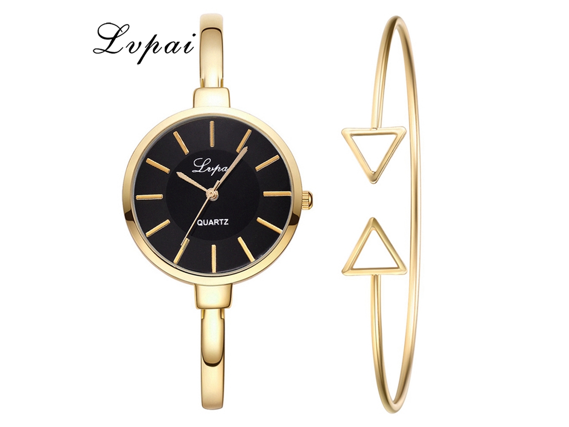 Reloj De Pulsera De Cuarzo Para Mujer Con Brazalete De Aleación Ivpai Estilo De Moda Negro Oro