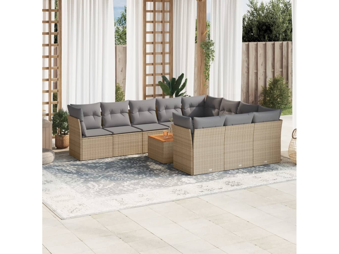 Conjunto de sofá de jardín de 11 piezas con cojines, mimbre sintético beige, DKD Home Decor
